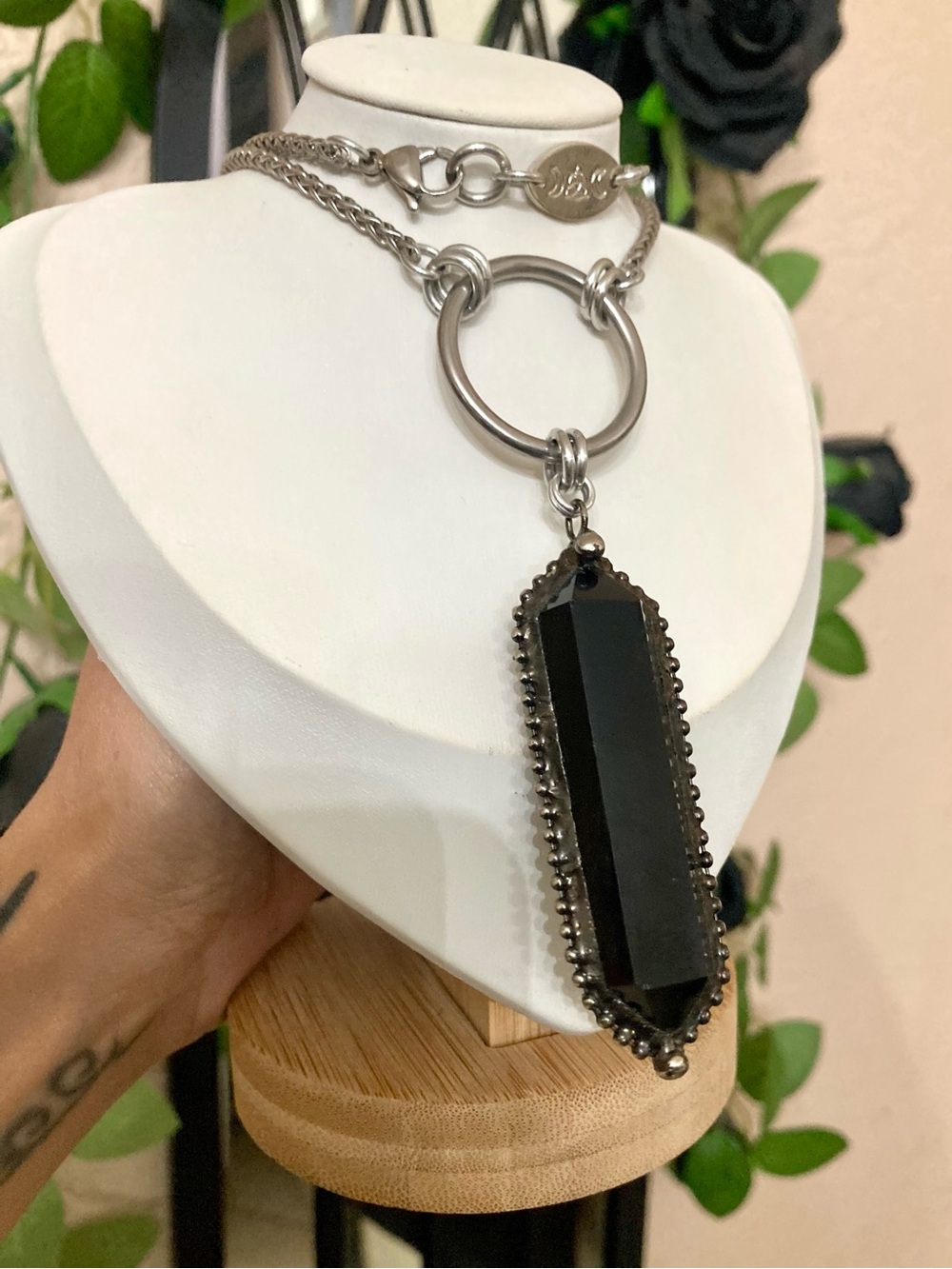 Black smoky crystal quartz boho goth long stainless steel chain necklace - Picture 9 of 13